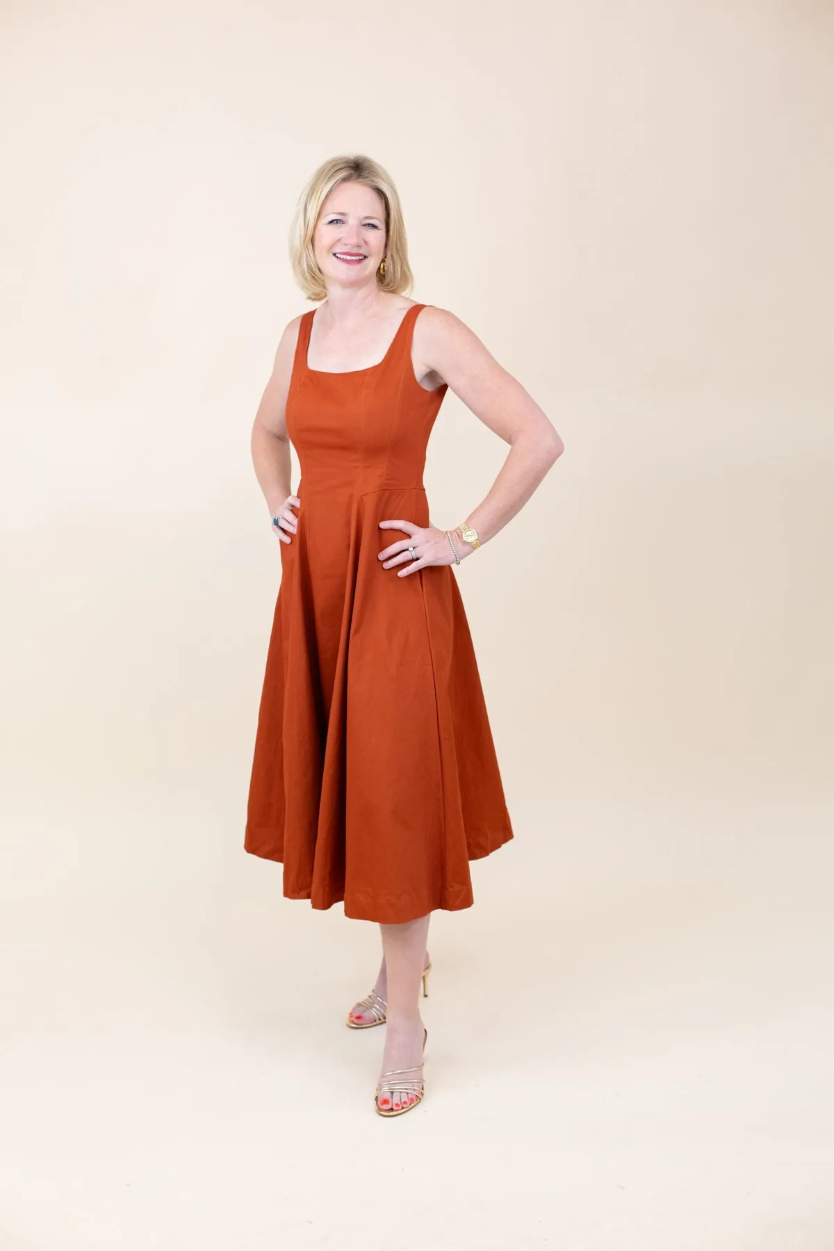 Structured Square-neck Flare Midi Dress sold by French Cuff