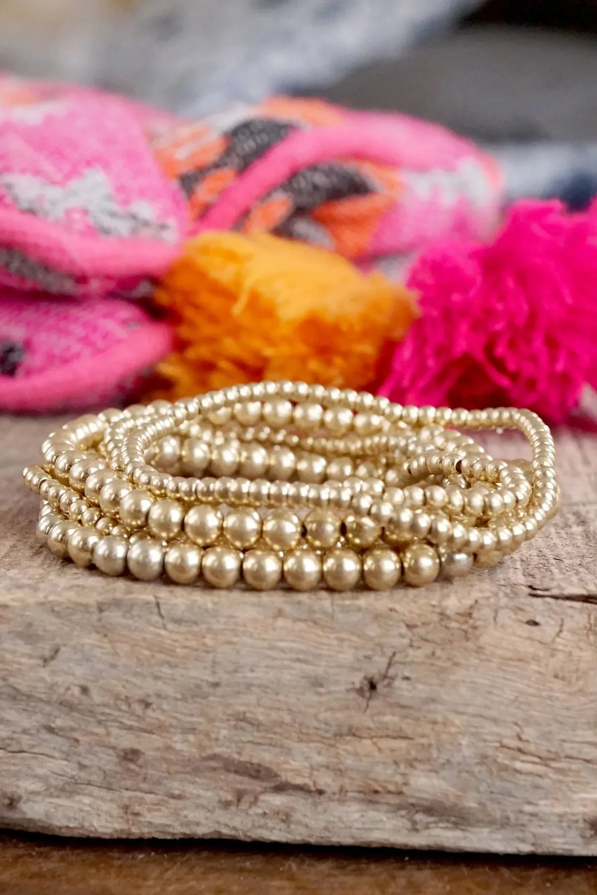 Worn Gold Tone Multi Size Beaded Bracelet Stack of 6 Bracelets sold by French Cuff product image thumbnail 2