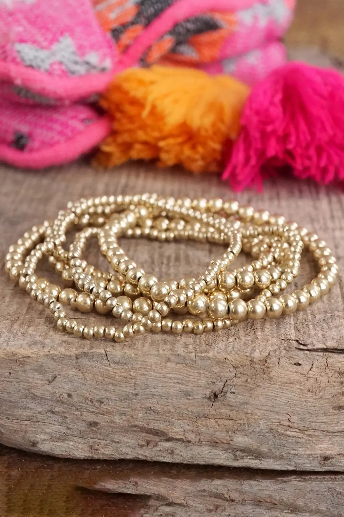 Worn Gold Tone Multi Size Beaded Bracelet Stack of 6 Bracelets sold by French Cuff product image thumbnail 3