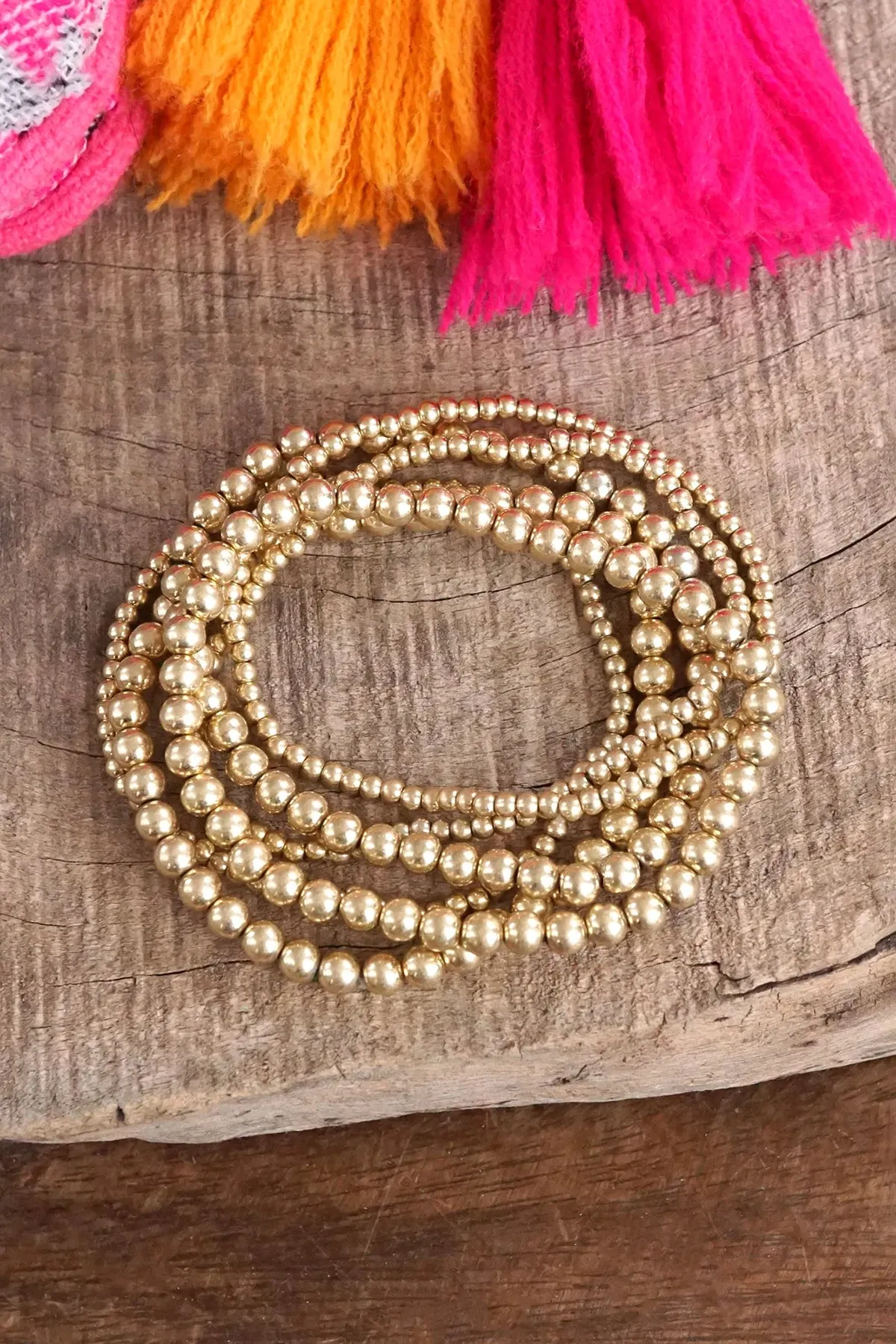 Worn Gold Tone Multi Size Beaded Bracelet Stack of 6 Bracelets sold by French Cuff product image thumbnail 4