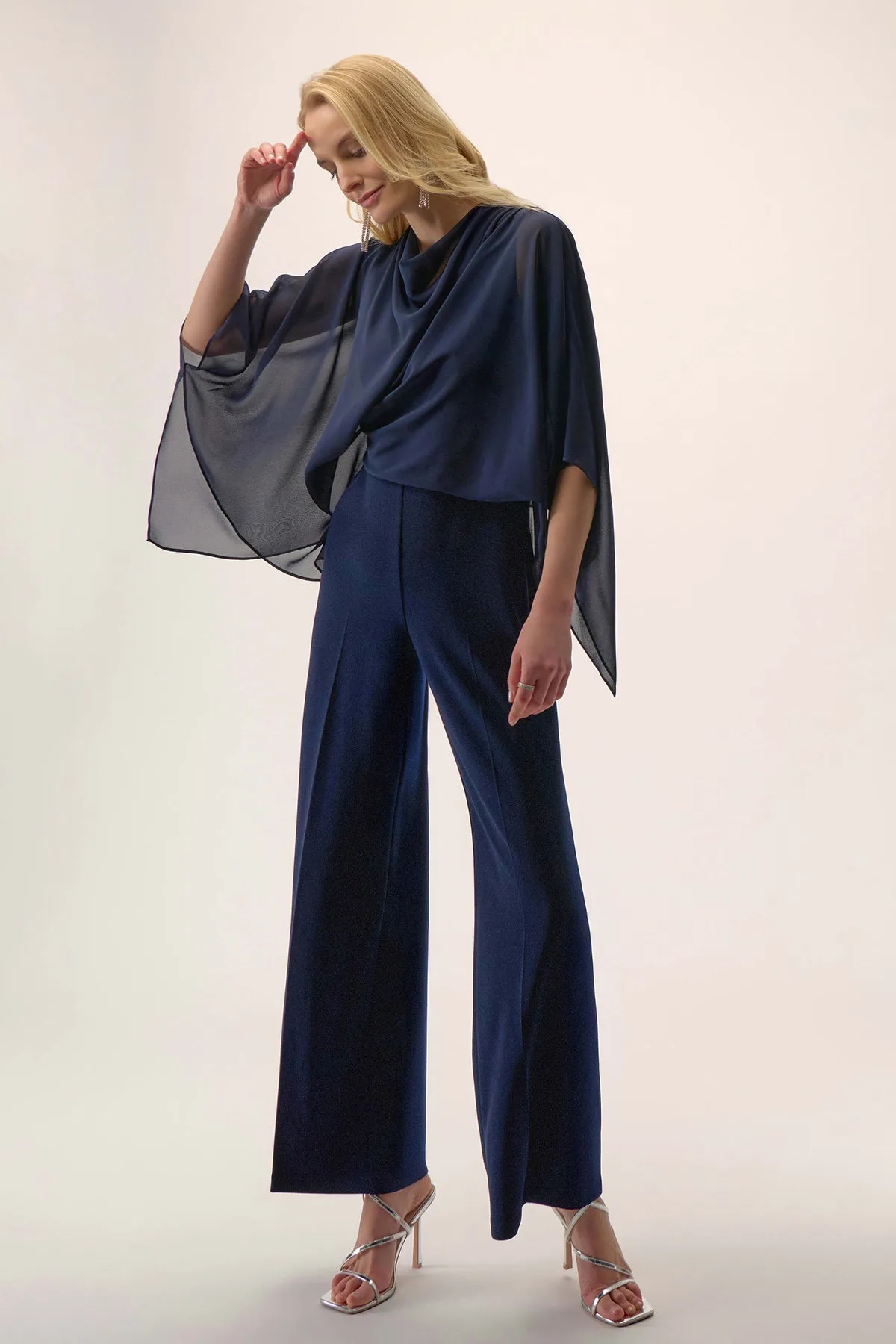 Silky Knit Wide Leg Jumpsuit with Chiffon Overlay sold by French Cuff
