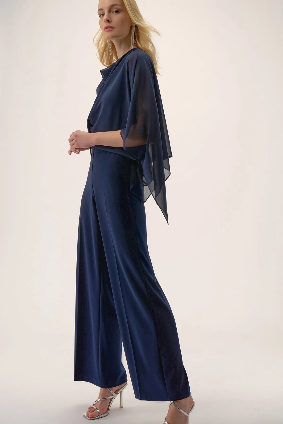Silky Knit Wide Leg Jumpsuit with Chiffon Overlay sold by French Cuff product image thumbnail 2