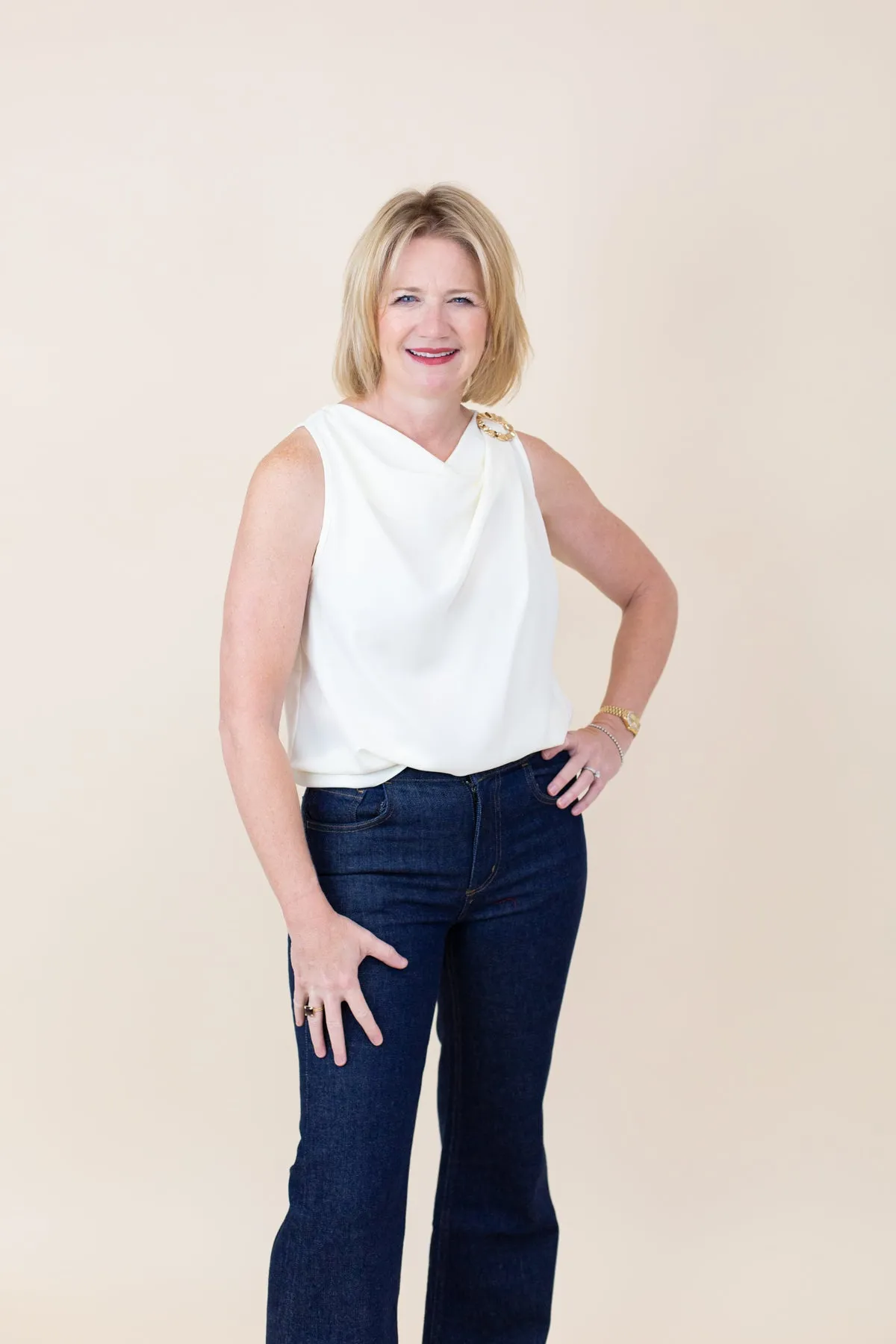 Sleeveless Cowl Neck Gold Ring Appliques Blouse sold by French Cuff