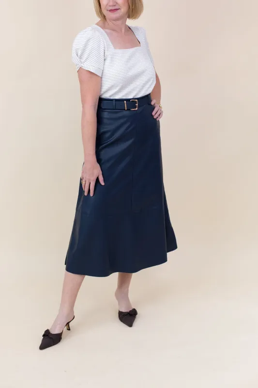 Belted Faux Leather Midi Skirt sold by French Cuff