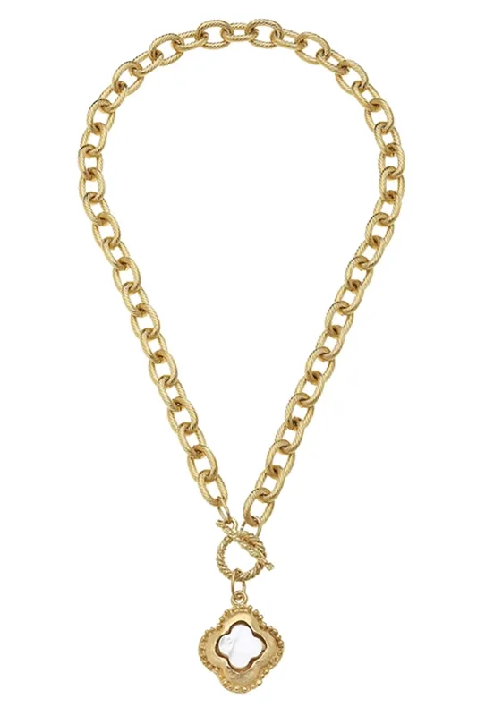 Handcast Gold Clover with Genuine Mother of Pearl Necklace sold by French Cuff