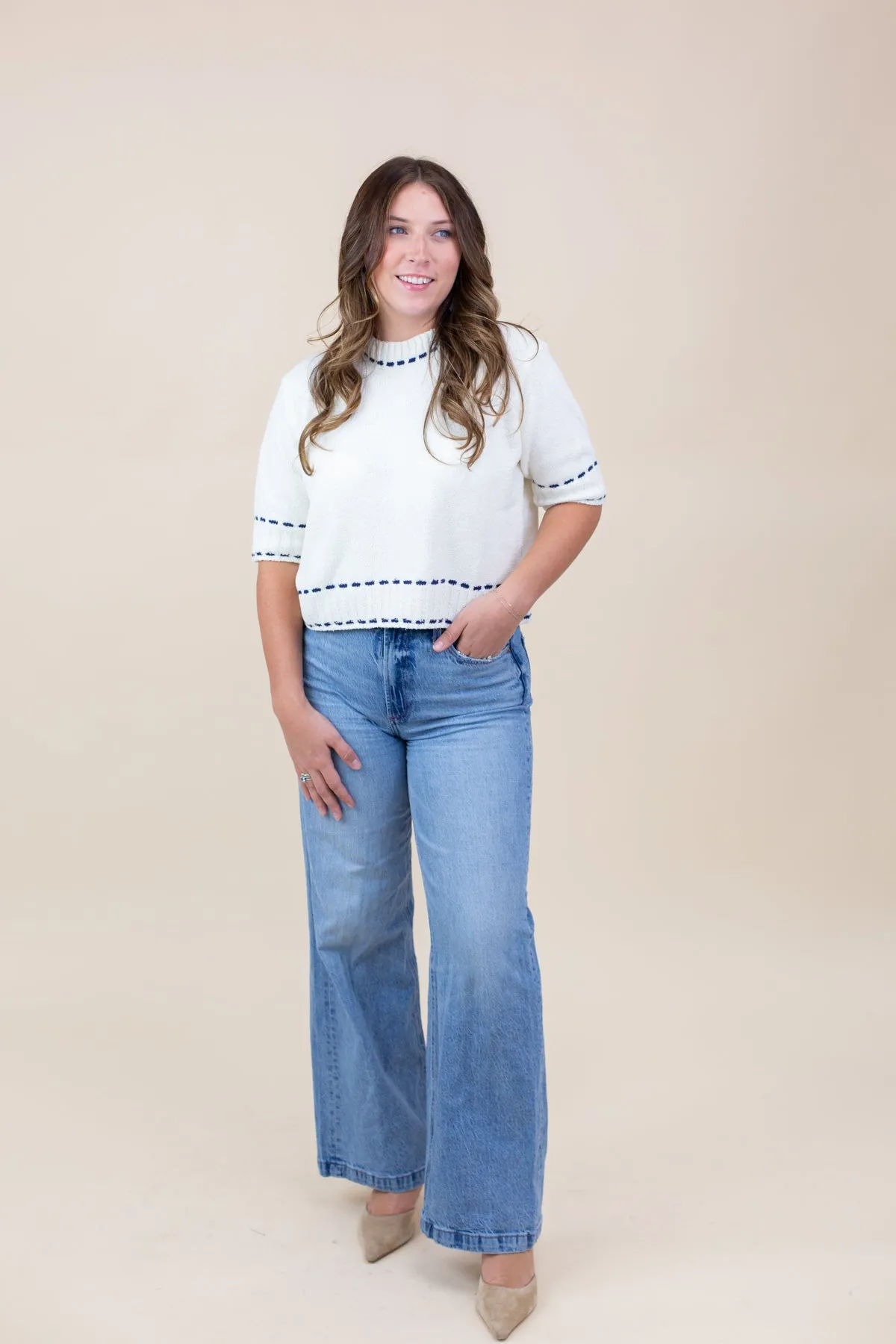 Stitch Effect Detail Short Sleeve Top sold by French Cuff