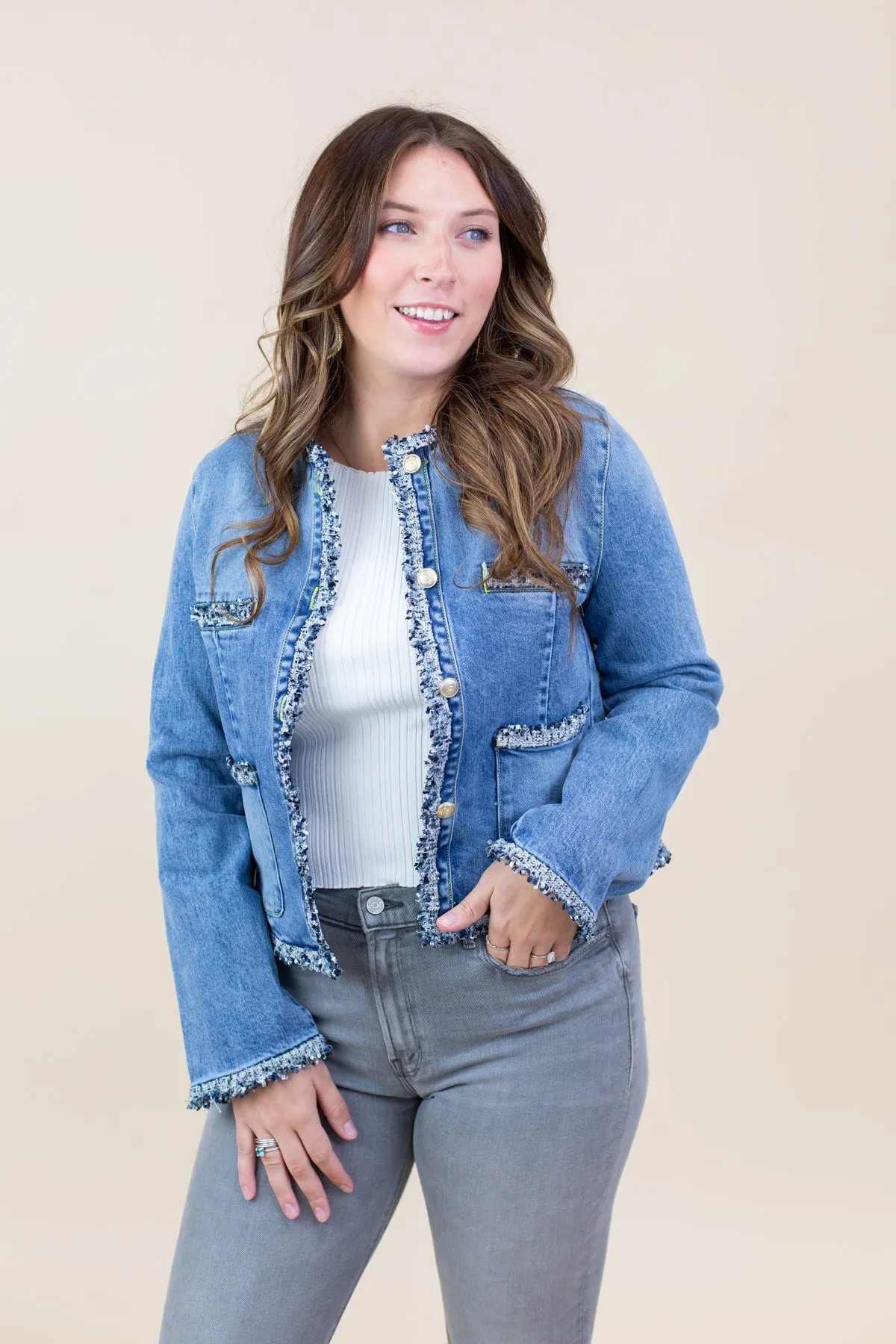 Tweed Trimmed Front Pocket Denim Jacket sold by French Cuff