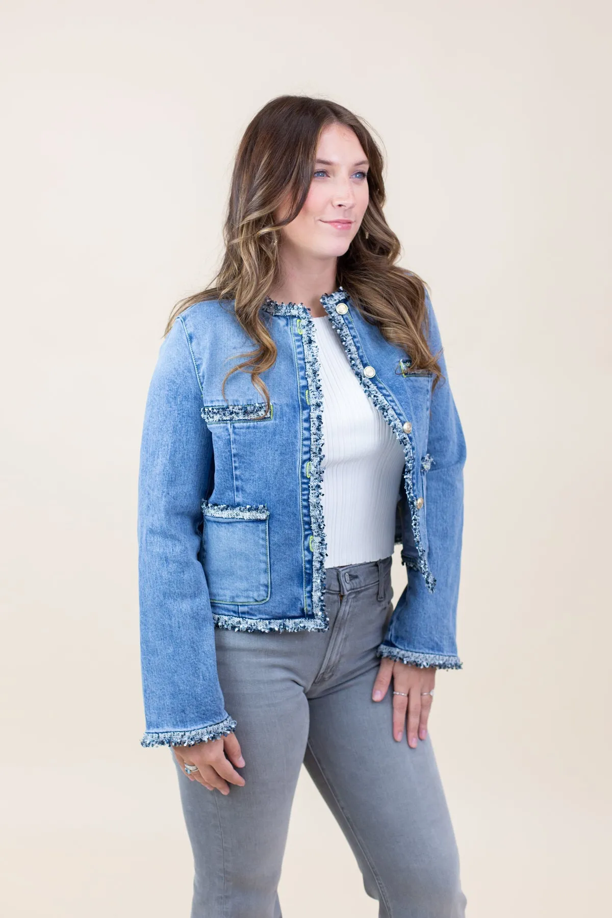 Tweed Trimmed Front Pocket Denim Jacket sold by French Cuff product image thumbnail 2