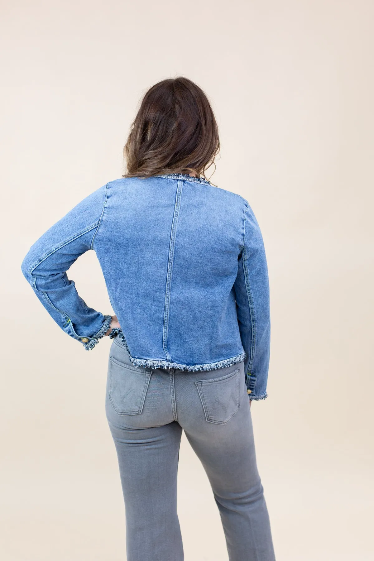 Tweed Trimmed Front Pocket Denim Jacket sold by French Cuff product image thumbnail 3