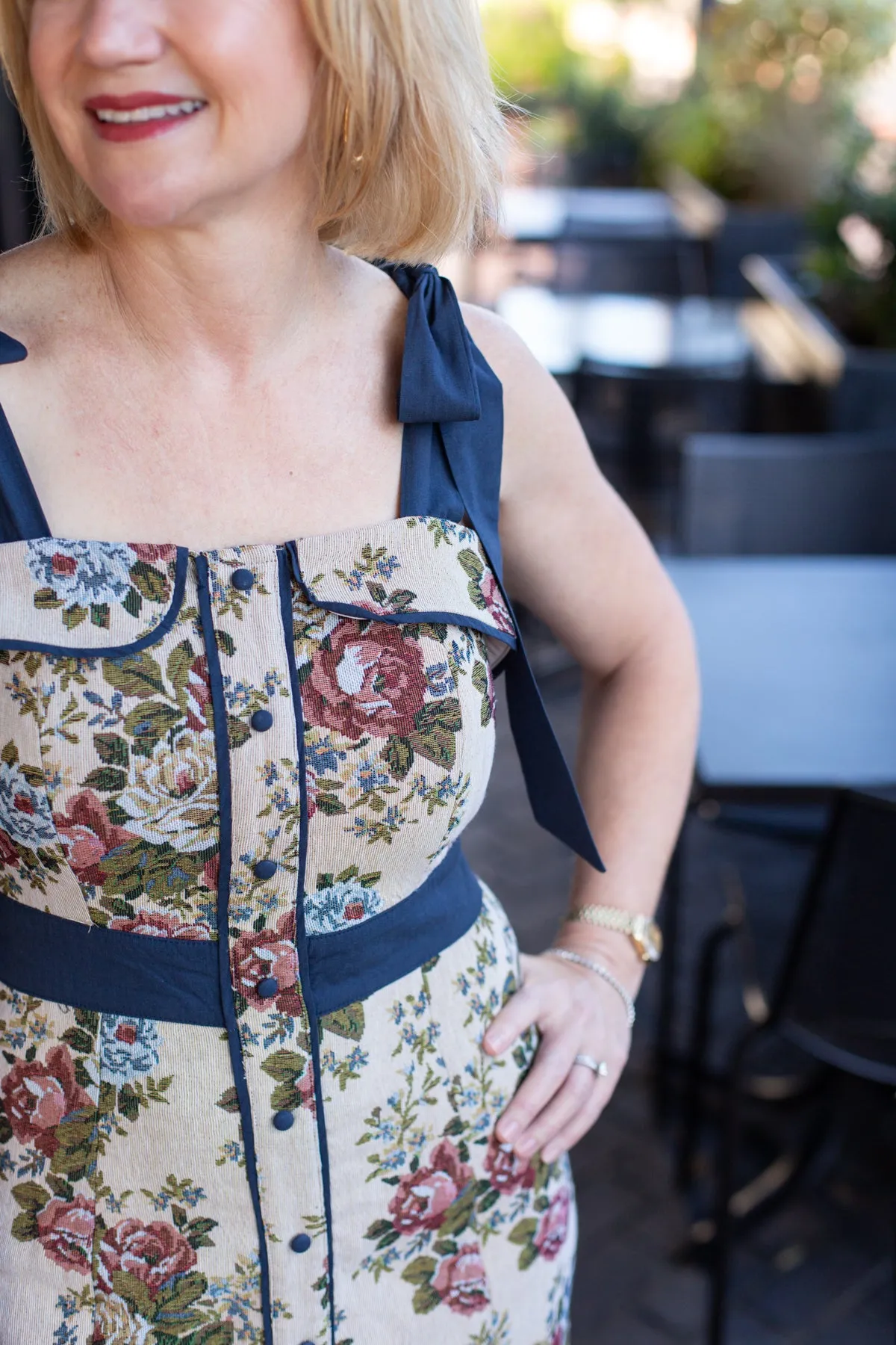 Shoulder Bow Self Tie Tapestry Fabric Midi Dress sold by French Cuff product image thumbnail 4