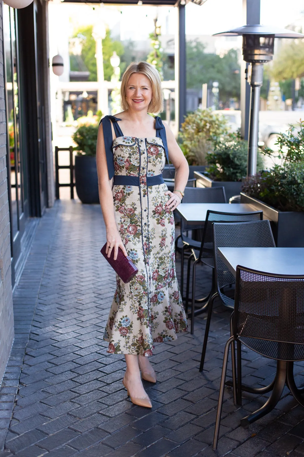 Shoulder Bow Self Tie Tapestry Fabric Midi Dress sold by French Cuff