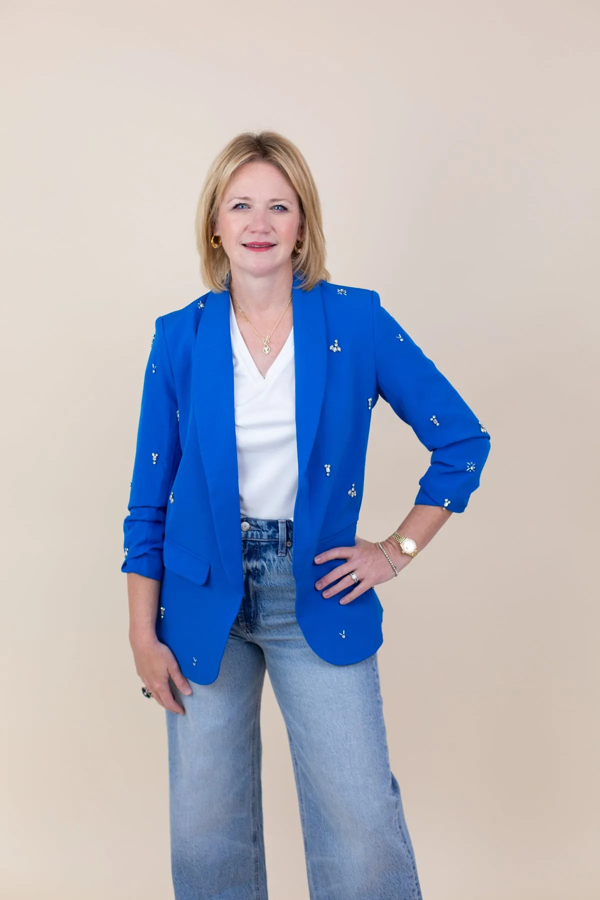 Ruched 3/4 Sleeve Blazer with Rhinestones sold by French Cuff