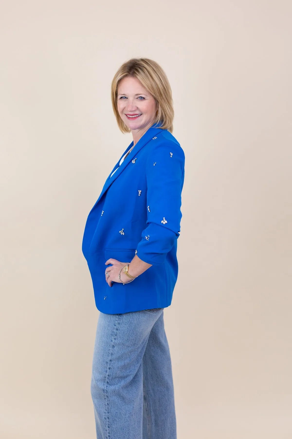 Ruched 3/4 Sleeve Blazer with Rhinestones sold by French Cuff product image thumbnail 2