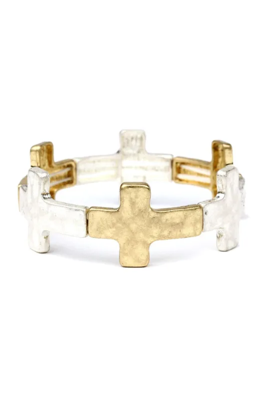 Worn Gold and Silver Cross Stretch Bracelet made by French Cuff