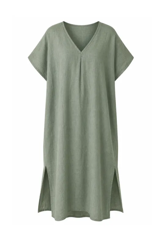 V Neck Linen Kaftan With Pocket With Bottom Slit made by French Cuff