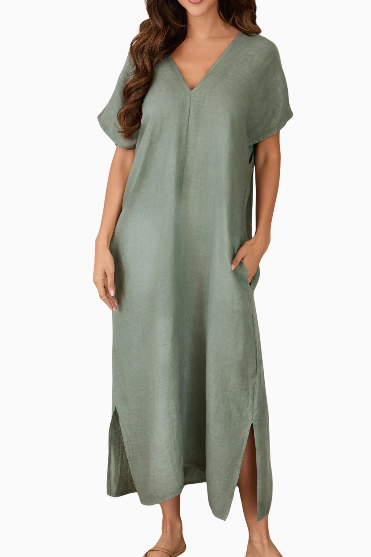 V Neck Linen Kaftan With Pocket With Bottom Slit sold by French Cuff product image thumbnail 2