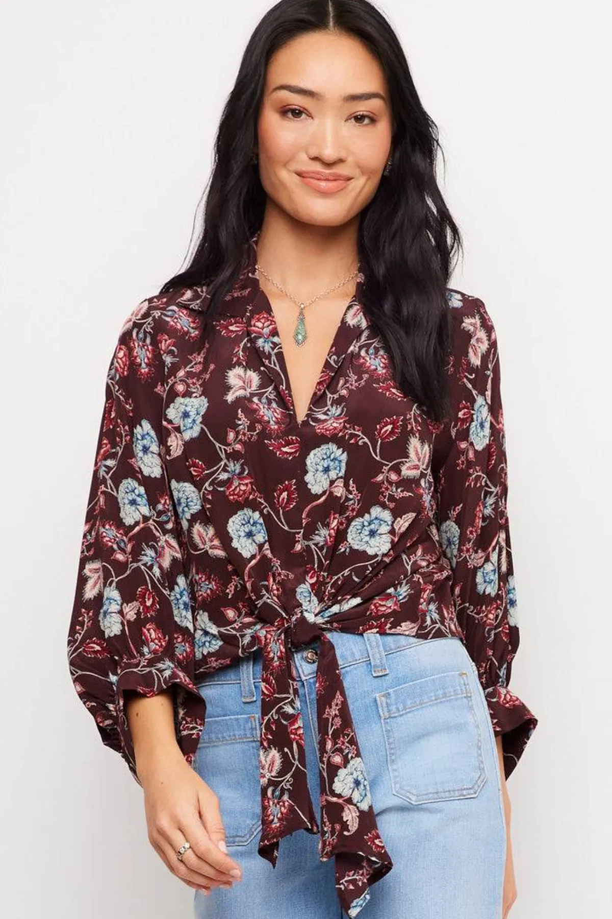 Blouson Sleeve Tie Front Top sold by French Cuff