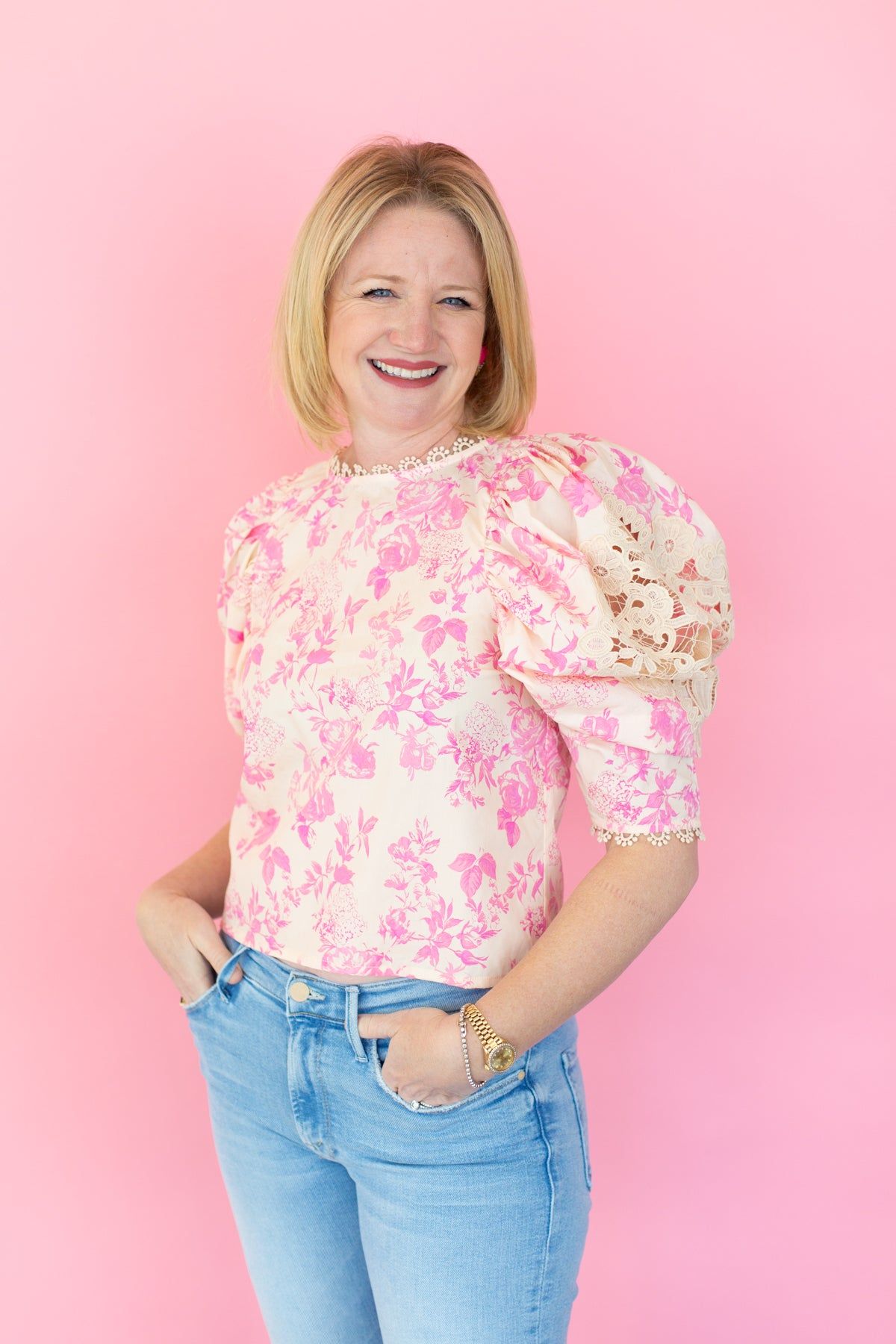 Floral Top with Lace Sleeve Detail sold by French Cuff