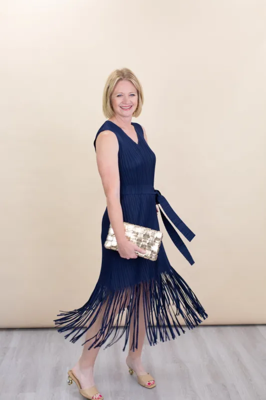 Navy Sleeveless Pleated Midi Dress sold by French Cuff