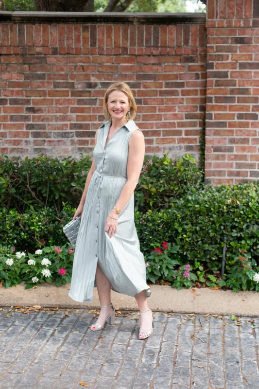 Sage Sleeveless Button Down Silky Dress sold by French Cuff