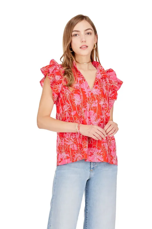 Red Embroidery Daisy Top sold by French Cuff