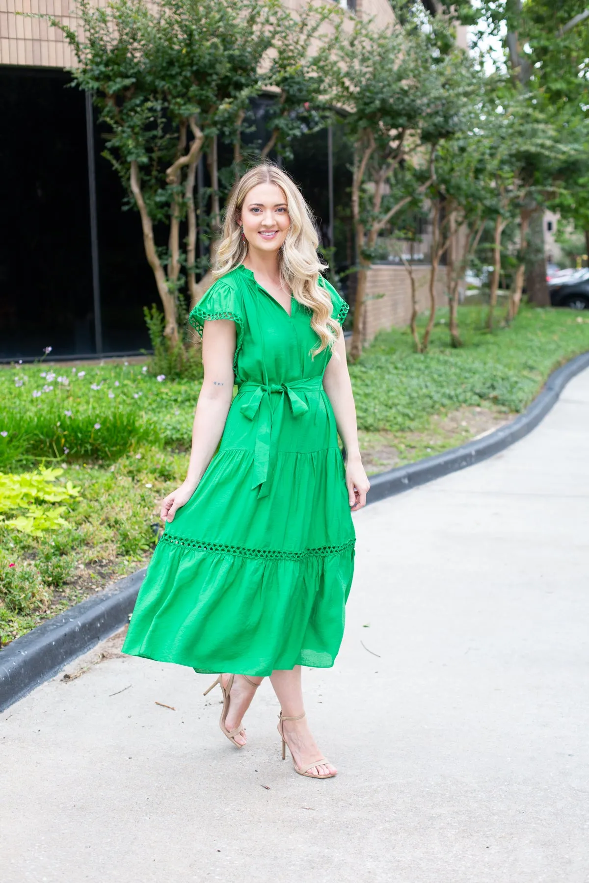 Green Dress with Embroidery Sleeve Detail sold by French Cuff