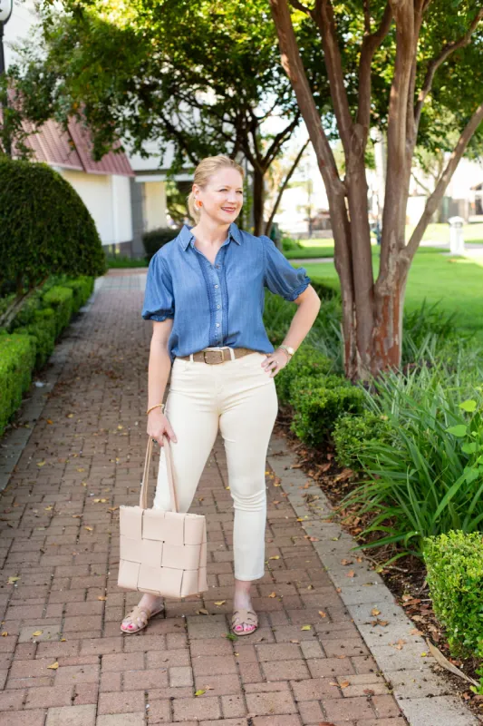 Chambray Puff Short Sleeve Button Down sold by French Cuff