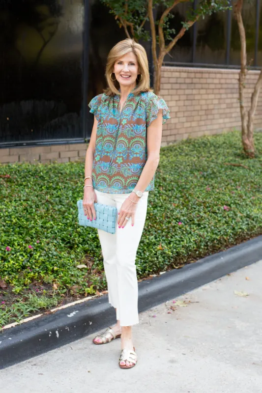 Brown/Blue Printed Short Sleeve Top sold by French Cuff