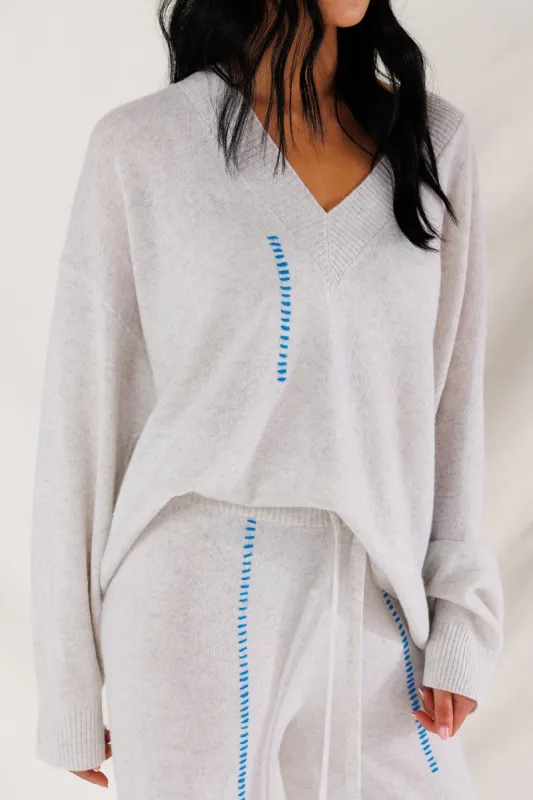 Embroided Eloise V Neck Sweater- Pigeon/Wave Embroidery sold by French Cuff