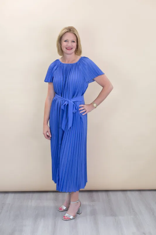 Blue Pleated Midi Dress with Belt sold by French Cuff