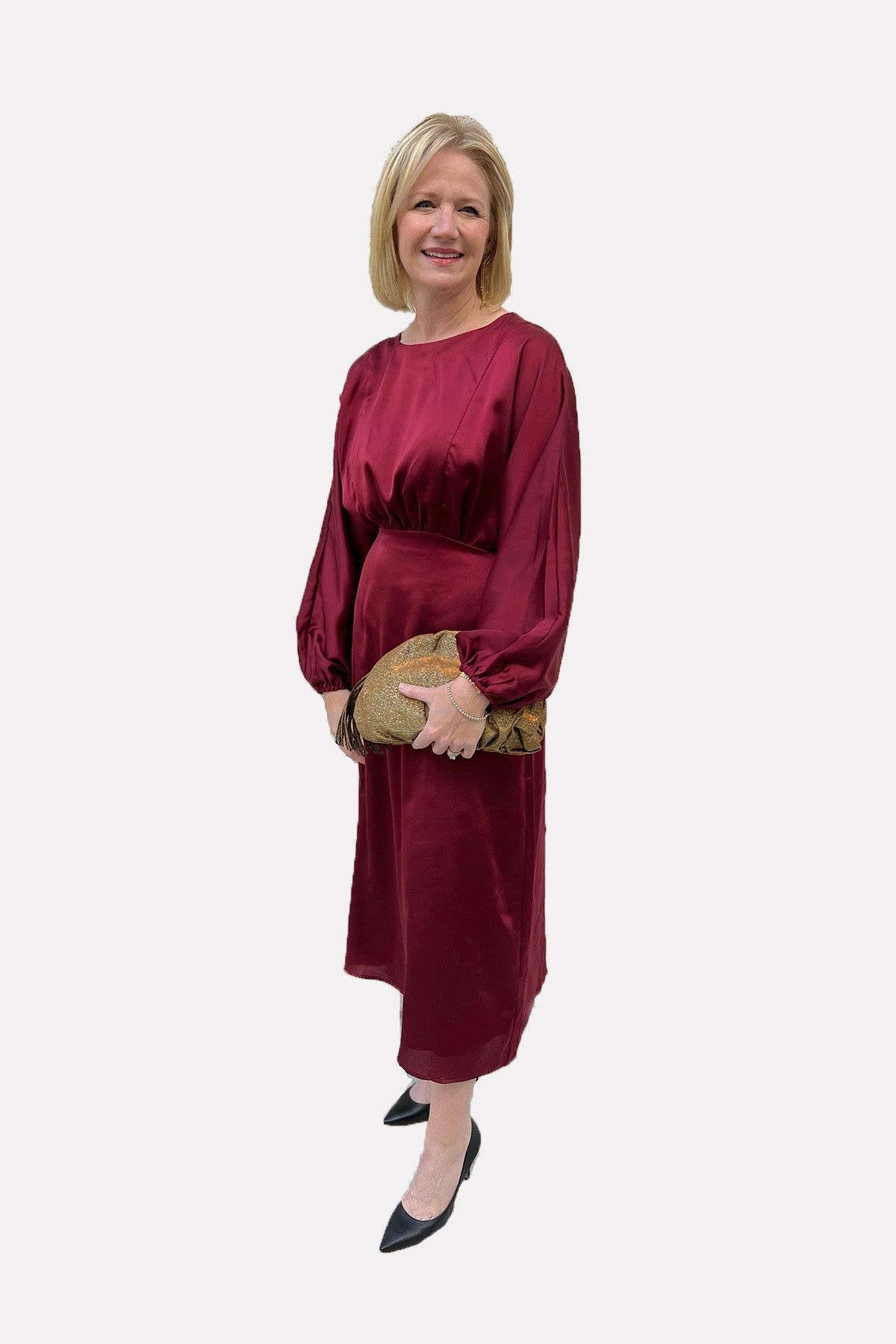 Burgundy Satin Dolman Sleeve Midi Dress sold by French Cuff