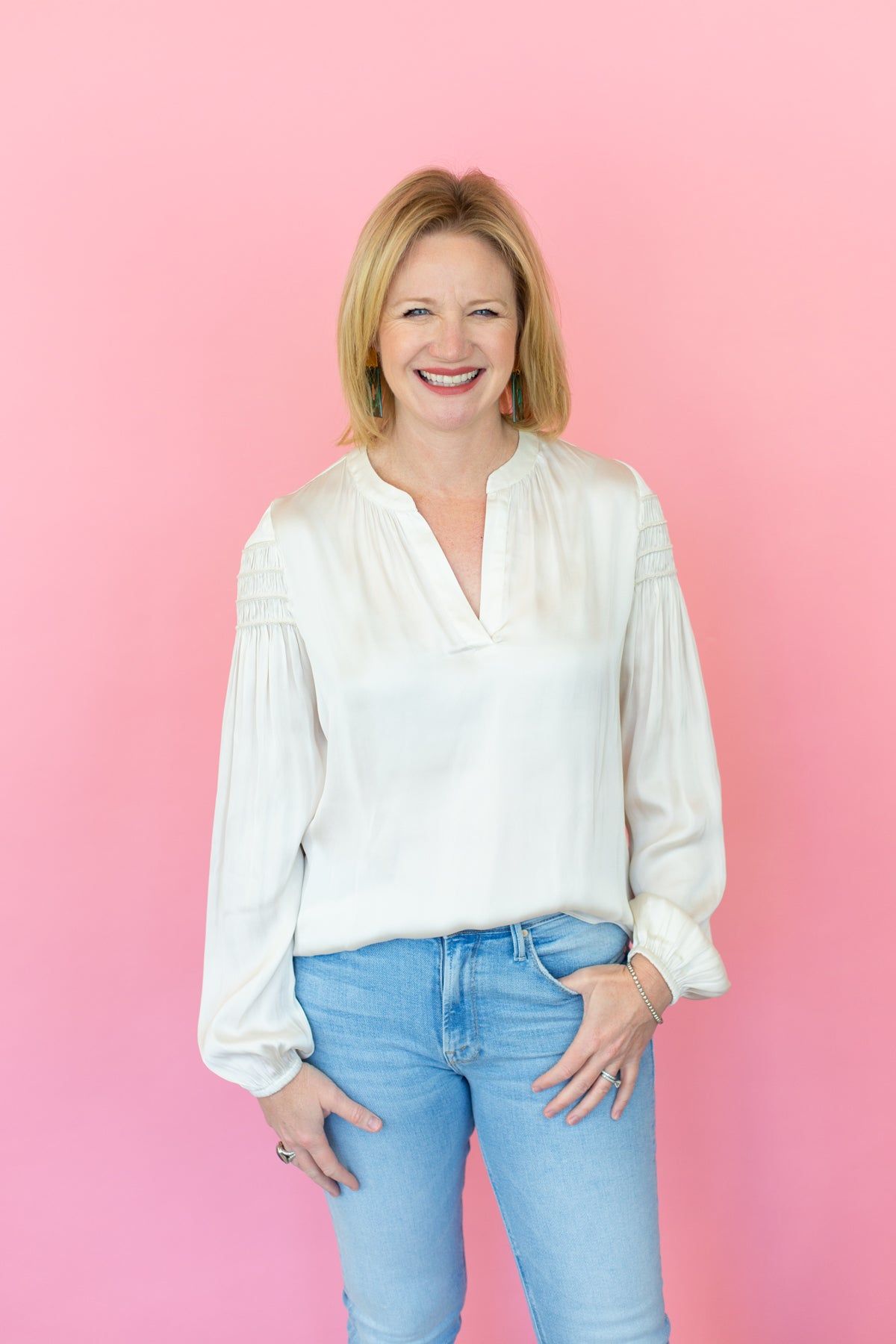 Ecru Long Sleeve Blouse with Smocking Sleeve Detail sold by French Cuff