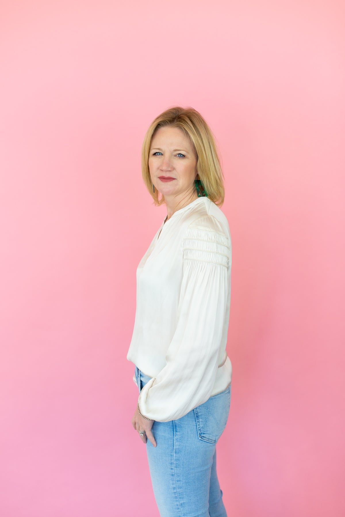 Ecru Long Sleeve Blouse with Smocking Sleeve Detail sold by French Cuff product image thumbnail 2