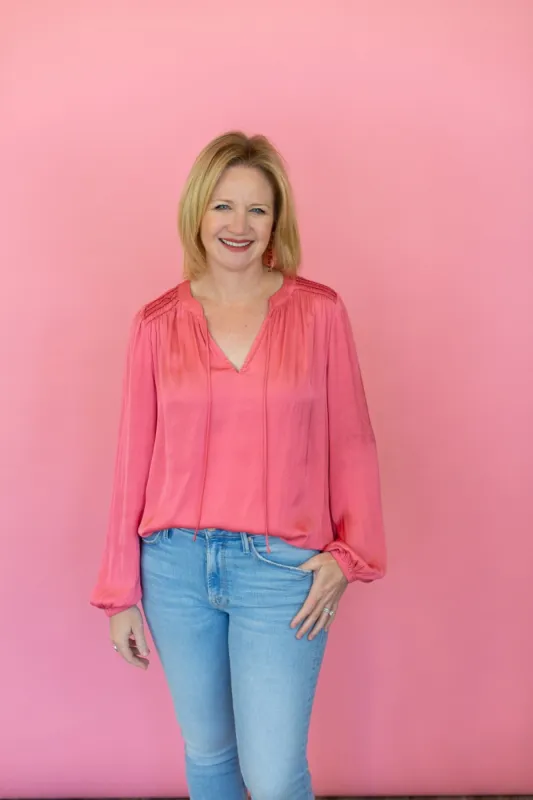 Long Sleeve Blouse with Smocking Shoulder Detail sold by French Cuff