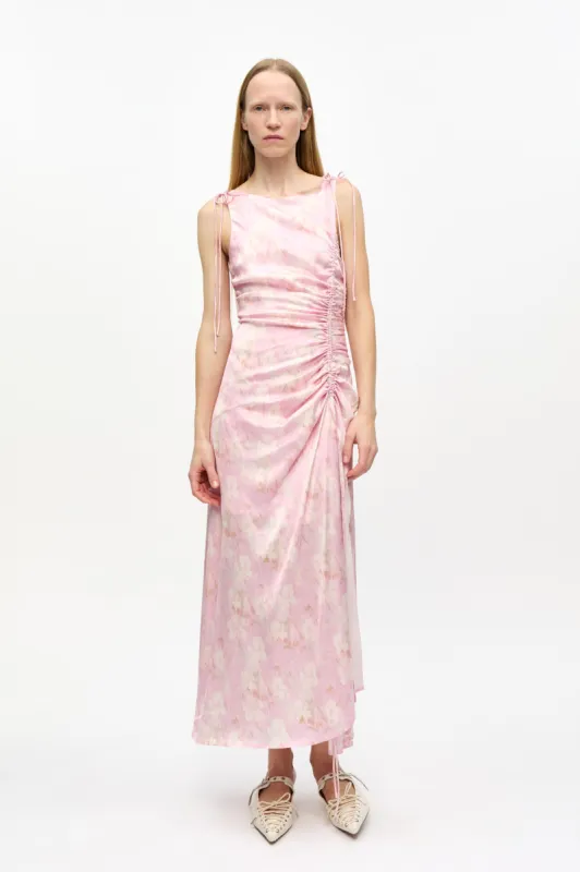 Pink Printed Satin Gathered Dress sold by Ganni