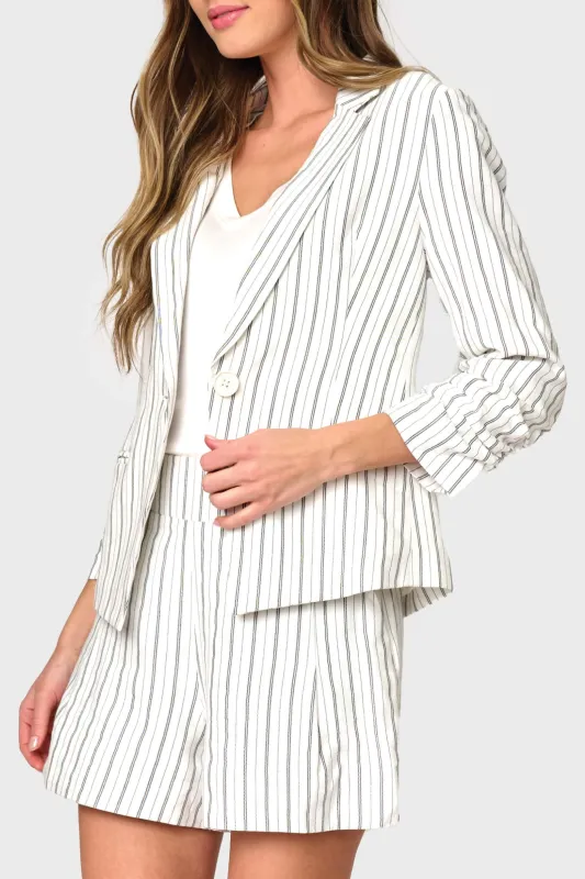 Notch Collar Pinstripe Linen Blazer made by Gibsonlook
