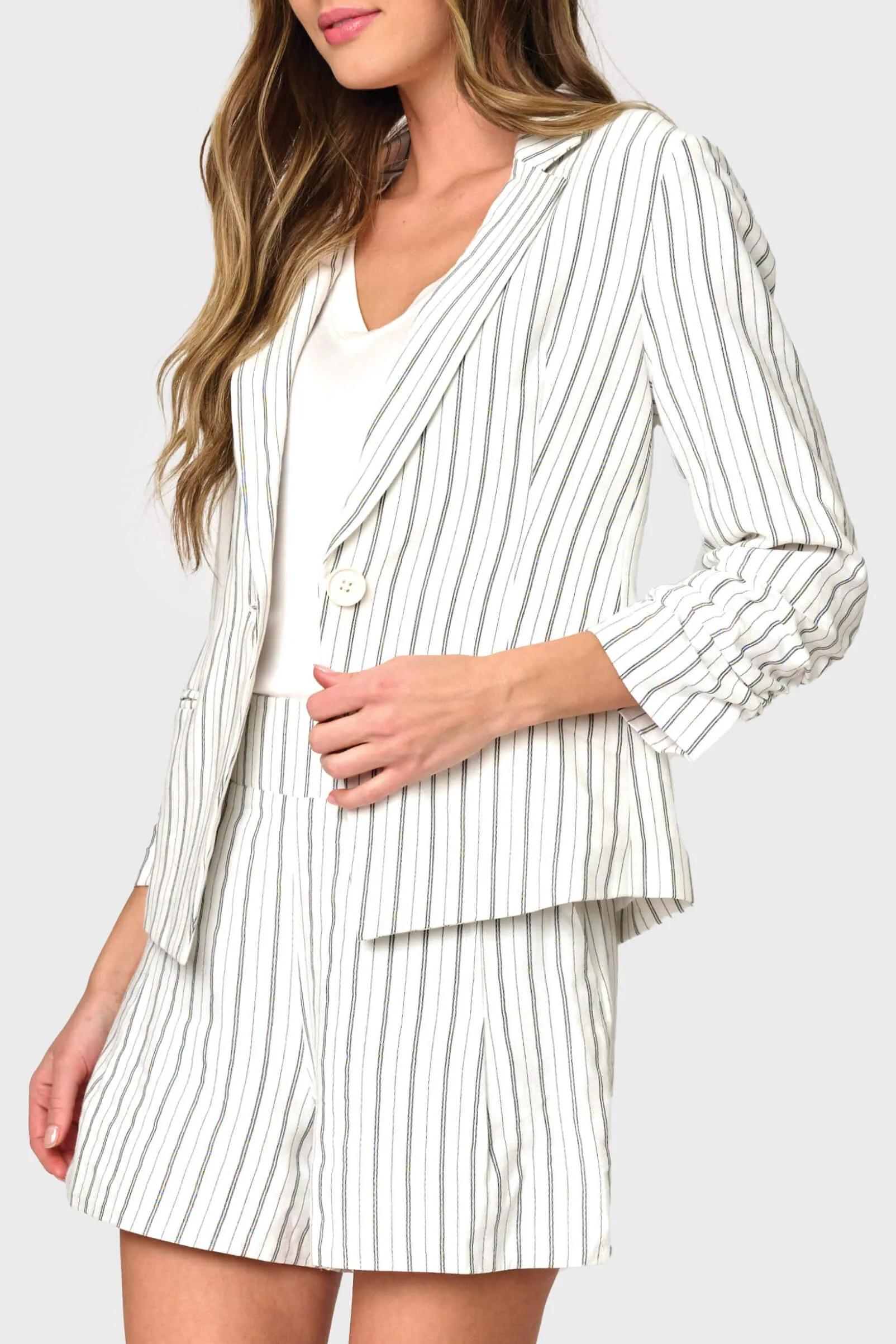 Notch Collar Pinstripe Linen Blazer sold by Gibsonlook