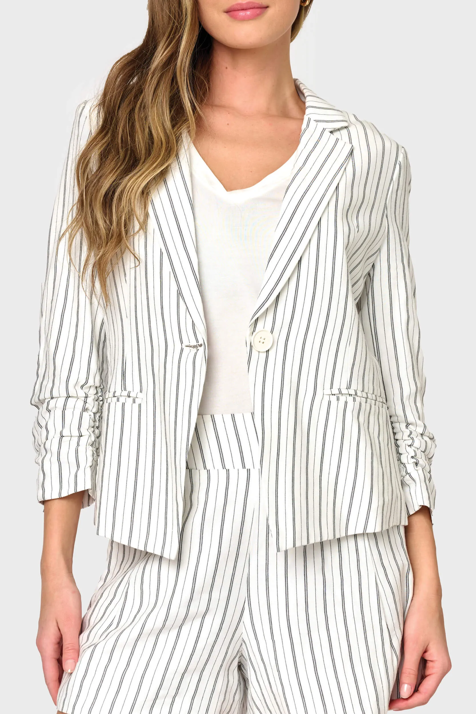 Notch Collar Pinstripe Linen Blazer sold by Gibsonlook product image thumbnail 2