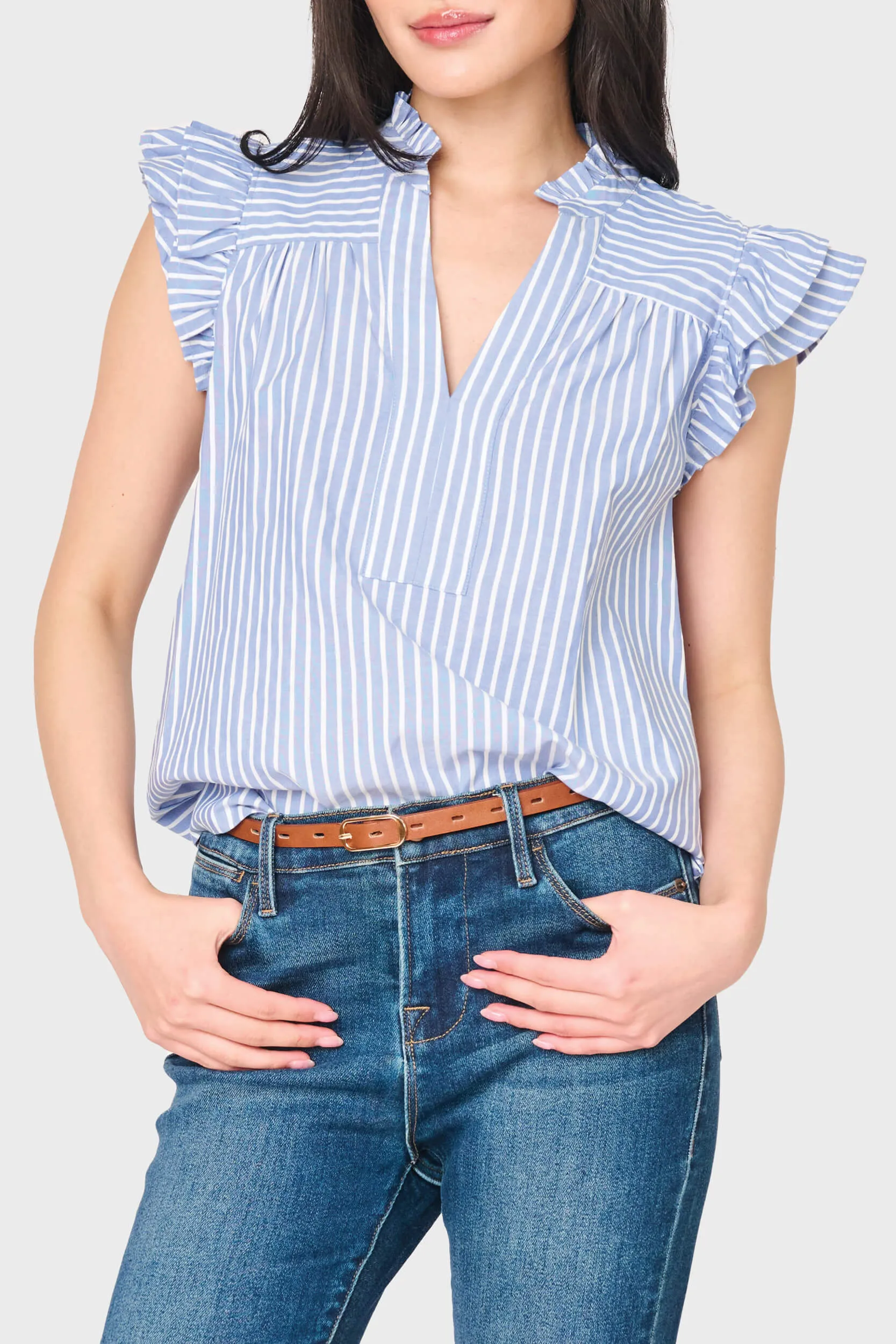 Flutter Sleeve V-Neck Stripe Top sold by Gibson