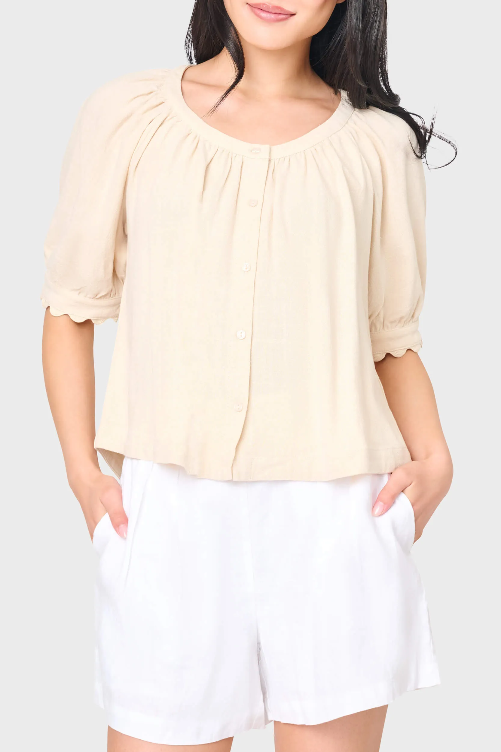 Lily Scallop Puff Sleeve Linen Top sold by Gibson