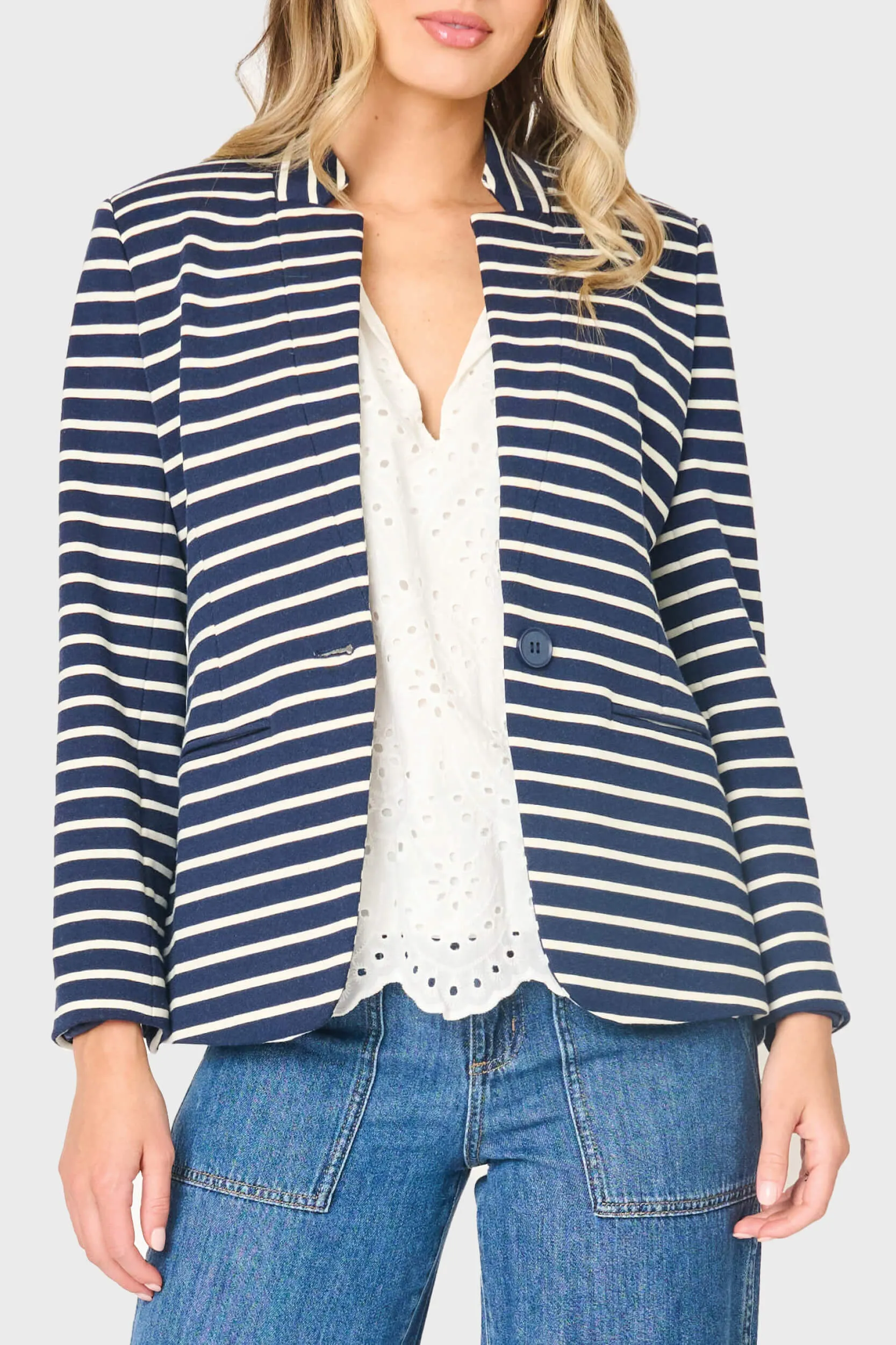 Striped Notch Collar Blazer in Navy Ivory Stripe sold by Gibsonlook