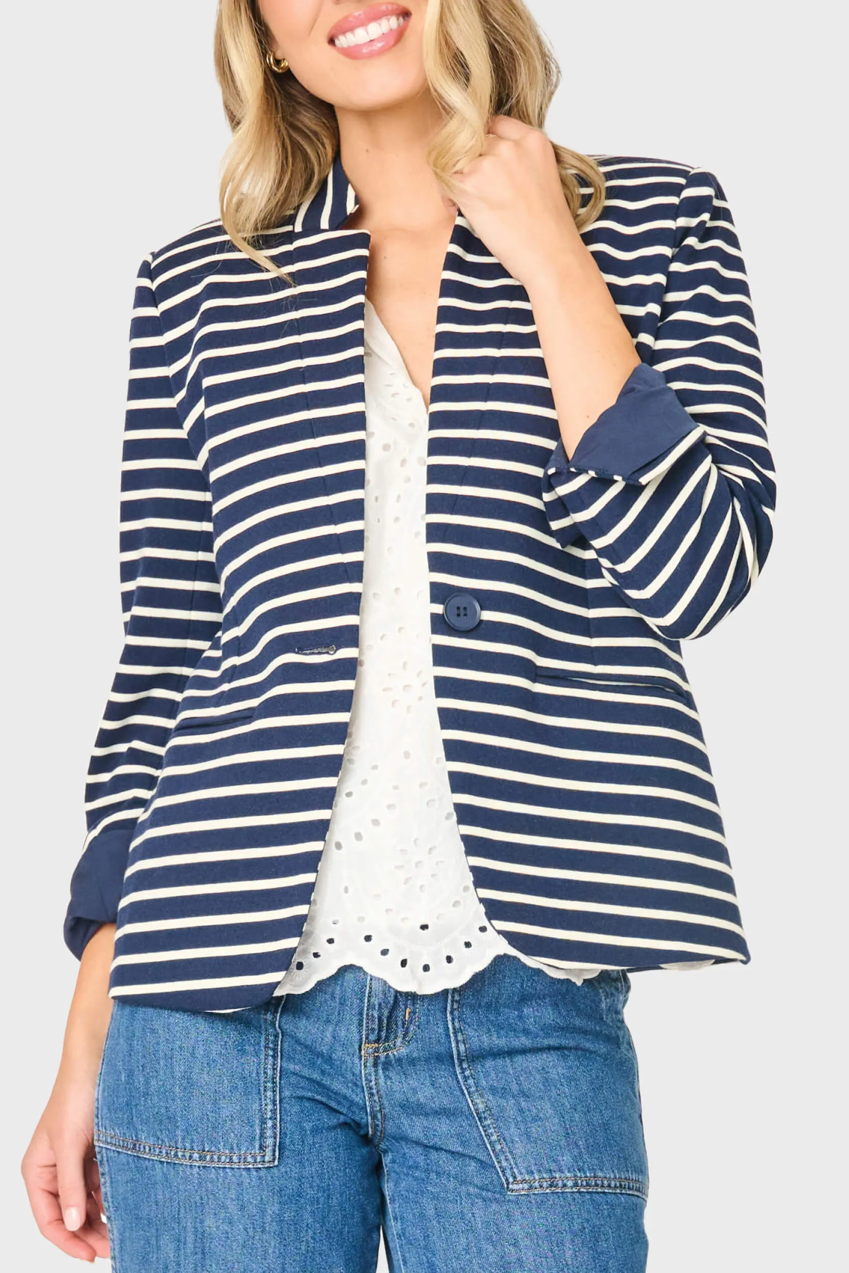 Striped Notch Collar Blazer in Navy Ivory Stripe sold by Gibsonlook product image thumbnail 4