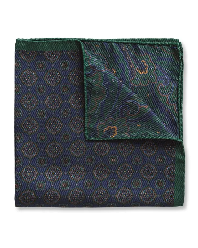 Navy Medallion & Paisley Double Sided Pocket Square sold by Gitman Brothers