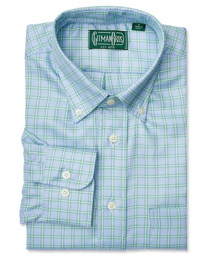 Blue Checked 100's Twill sold by Gitman Brothers