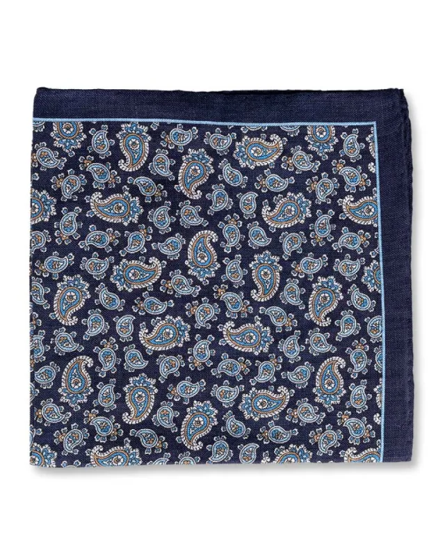 Navy Paisley Print Pocket Square sold by Gitman Brothers