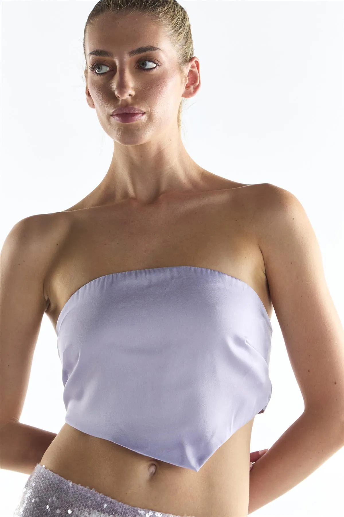 Lilac Sateen Badana Strapless Top sold by Glamorous