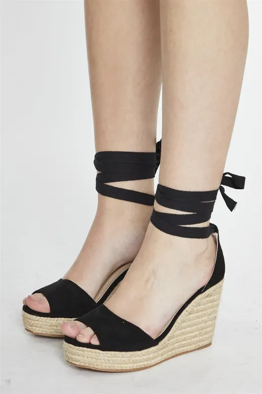 Black Lace Up Espadrille Wedges sold by Glamorous