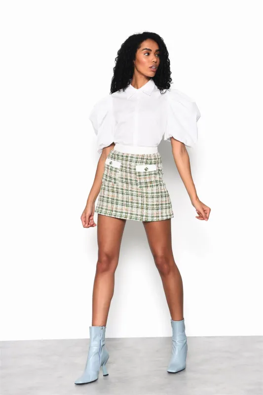 Green-Tweed-White High-Waisted Mini-Skirt sold by Glamorous
