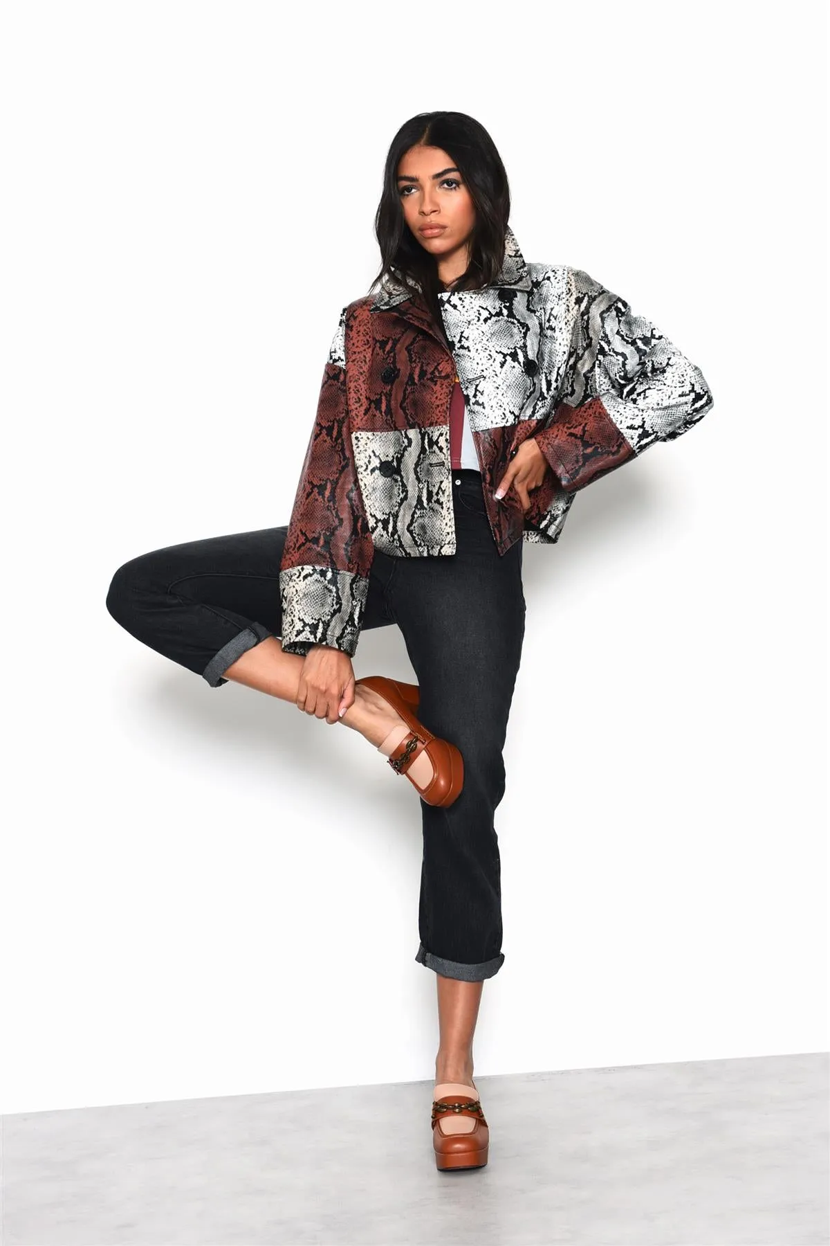 Snakeskin-Patchwork Button-Front Long-Sleeve-Jacket sold by Glamorous