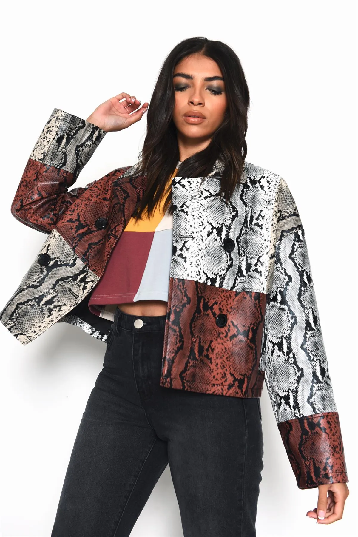Snakeskin-Patchwork Button-Front Long-Sleeve-Jacket sold by Glamorous product image thumbnail 3